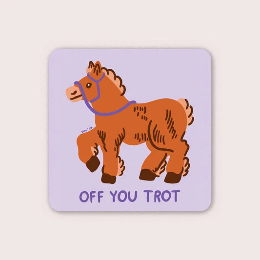 square sticker with brown horse and purple text OFF YOU TROT, purple