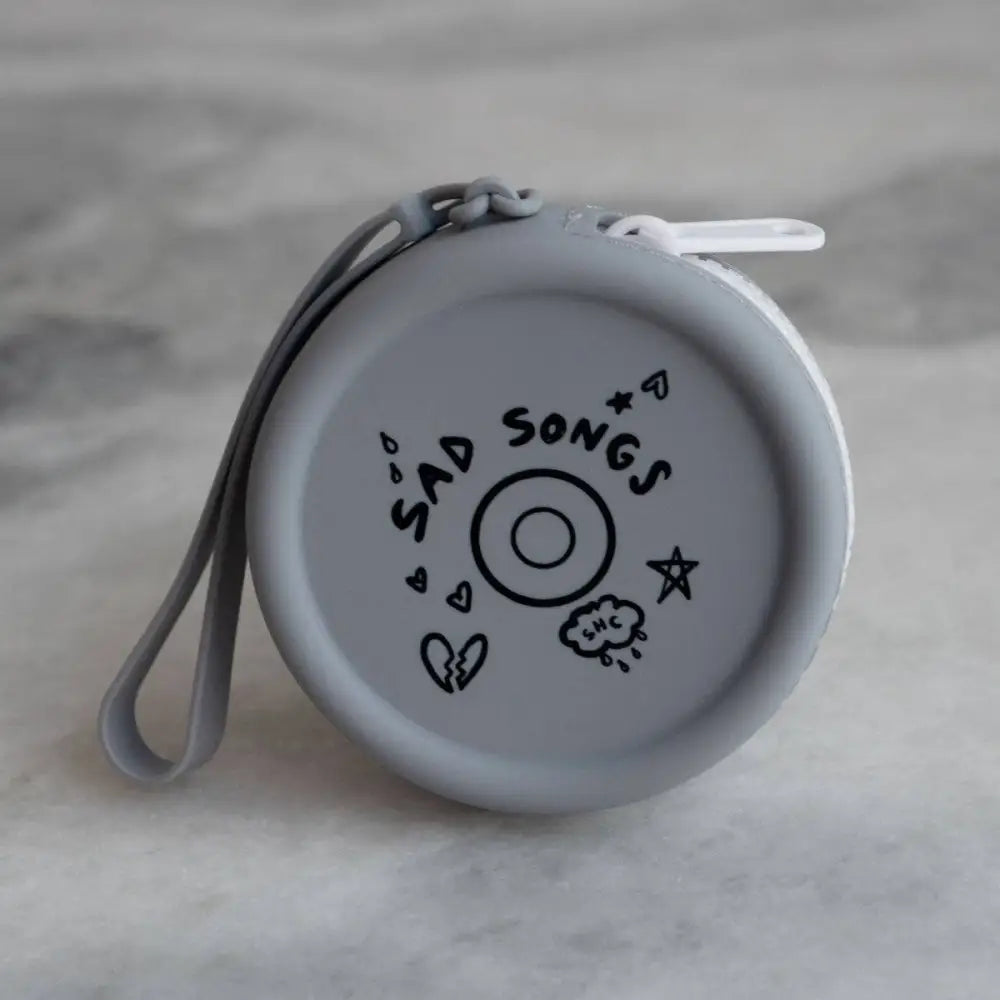 Round zippered pouch with icons and record and text SAD SONGS, grey with black text, silicone - PABOOM