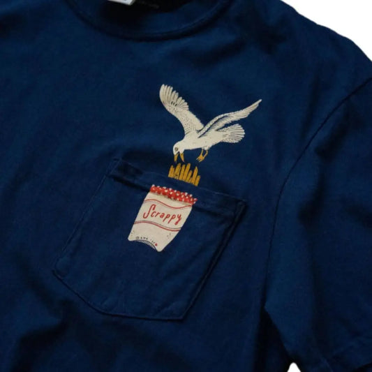 T-shirt wth breast pocket a graphic of a seagull eating French fries, cotton, navy blue - PABOOM