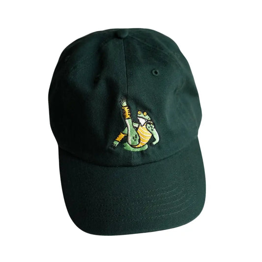 Dad style hat with embroidered frog doing aerobics by Stay Home Club, green - PABOOM
