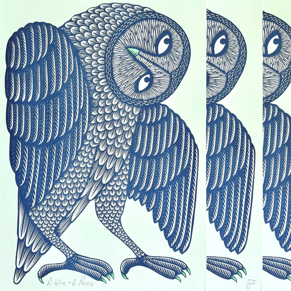 Strangford - A Wing and Prayer - owl intricate blue white feather