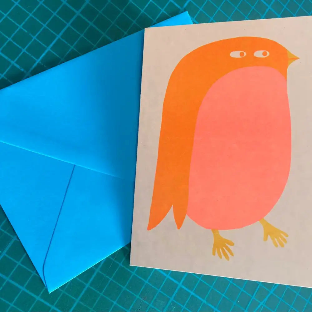 Strangford - Bird Riso Card - white card orange pink bird