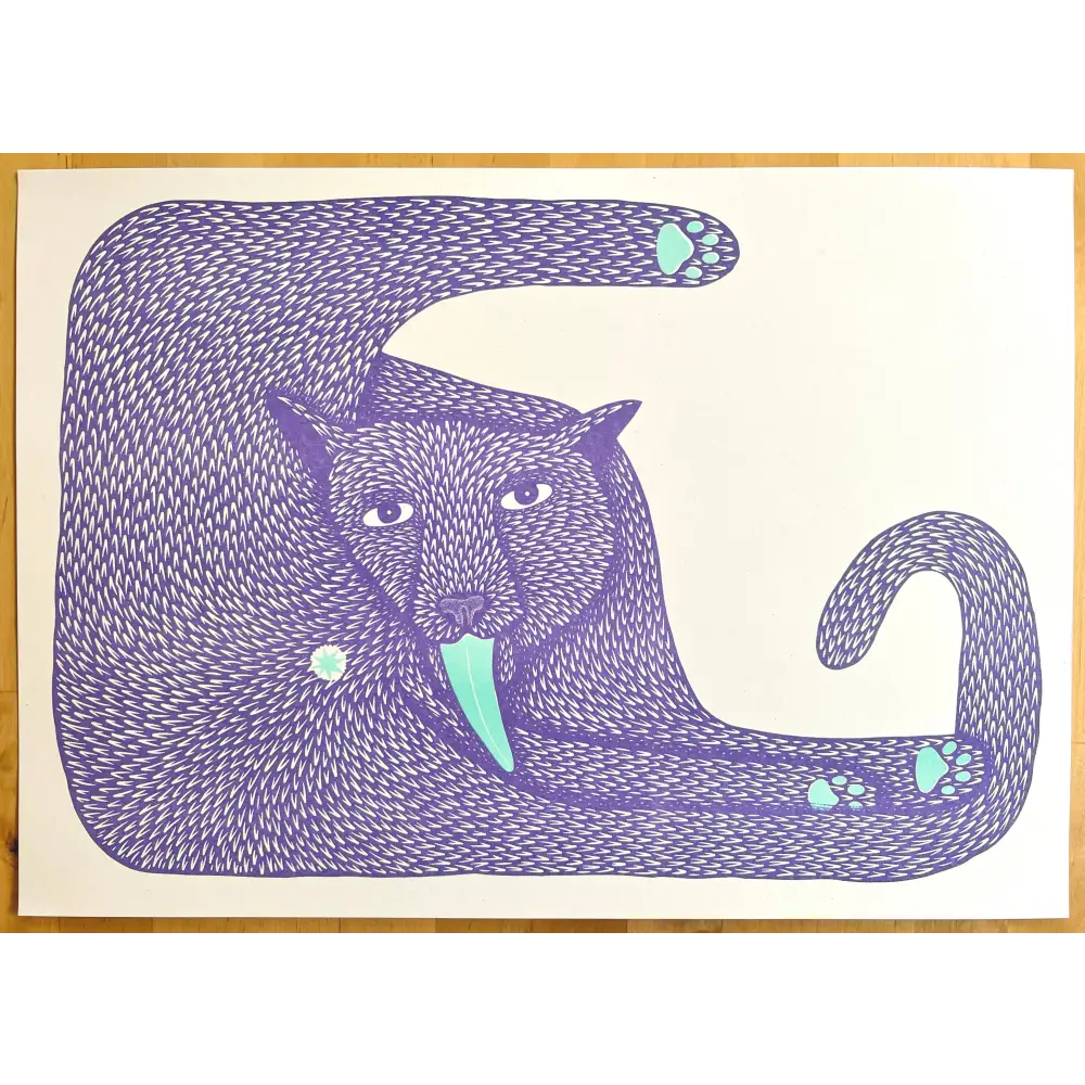 Strangford - Cat Riso Print - artistic purple panther teal tongue