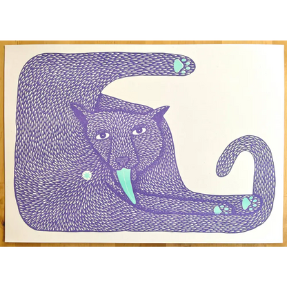 Strangford - Cat Riso Print - artistic purple panther teal tongue