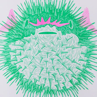 Strangford - Come And Have Fungu Riso Print - graphic illustration green pufferfish pink
