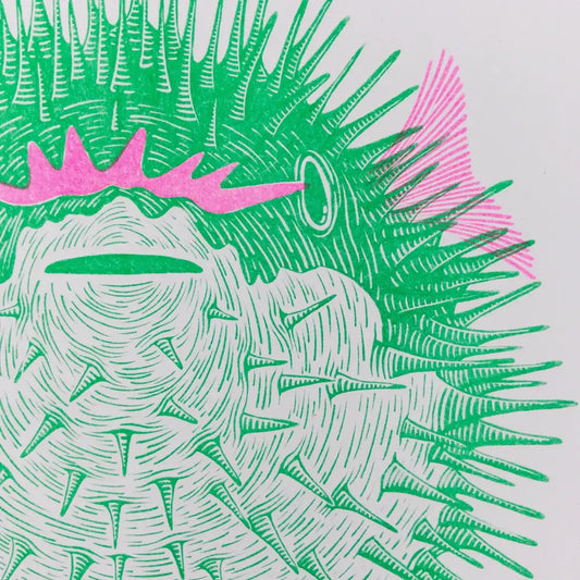 Strangford - Come And Have Fungu Riso Print - green pufferfish pink fins spines