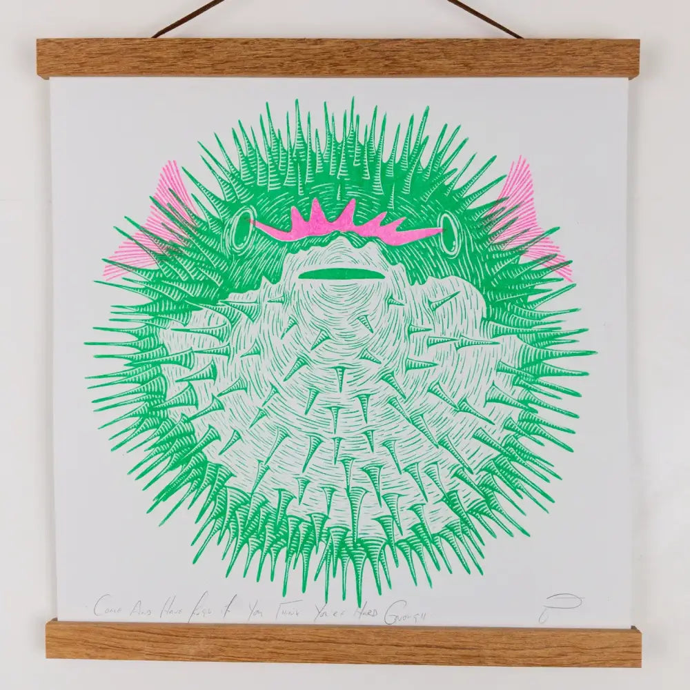 Strangford - Come And Have Fungu Riso Print - vibrant green pufferfish illustration pink