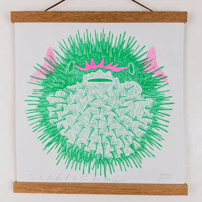 Strangford - Come And Have Fungu Riso Print - vibrant green pufferfish illustration pink