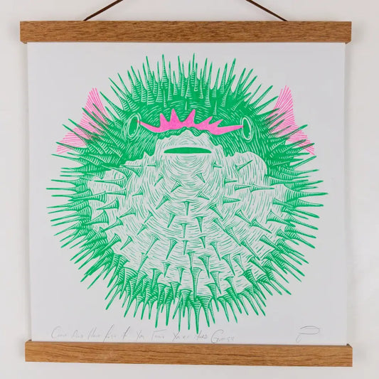 Strangford - Come And Have Fungu Riso Print - vibrant green pufferfish illustration pink