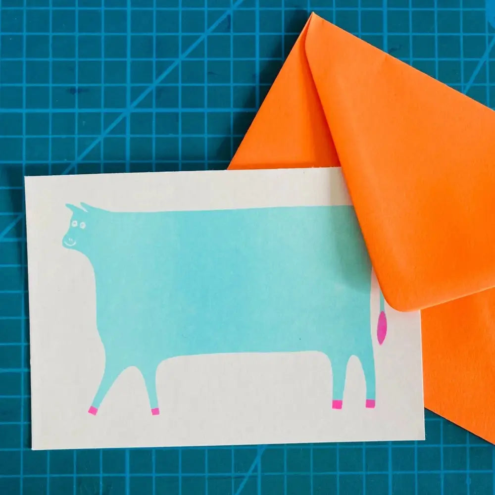 Strangford - Cow Riso Card - whimsical turquoise cow card orange