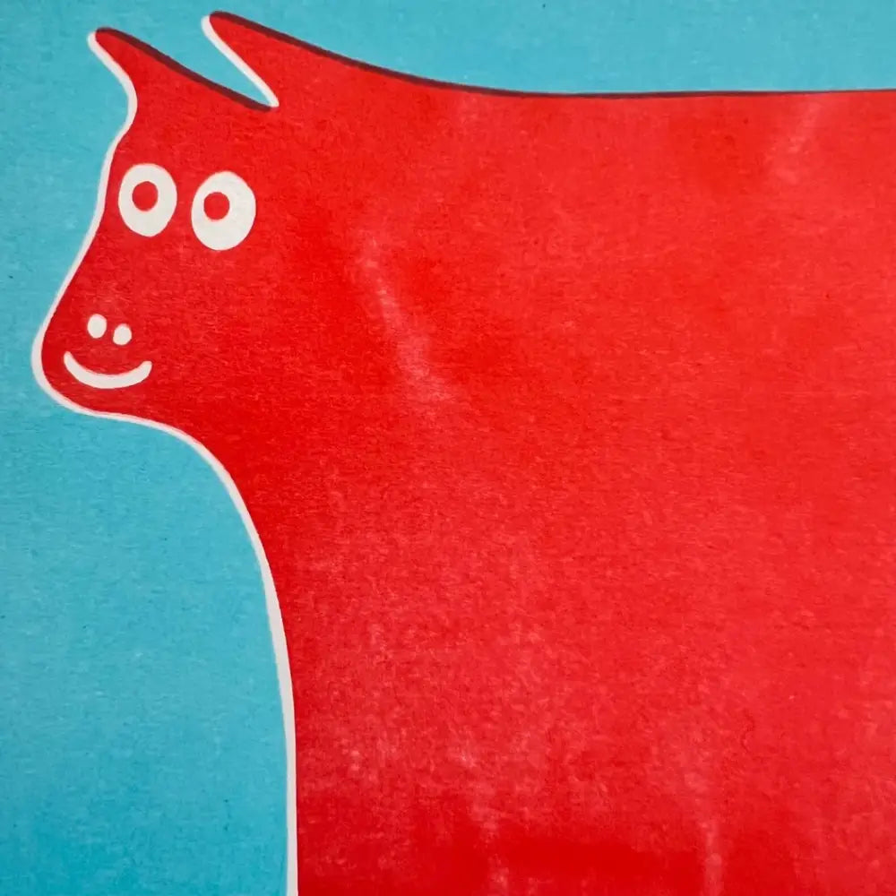 Strangford - Cow Riso Print - red cartoon-style cow illustration face