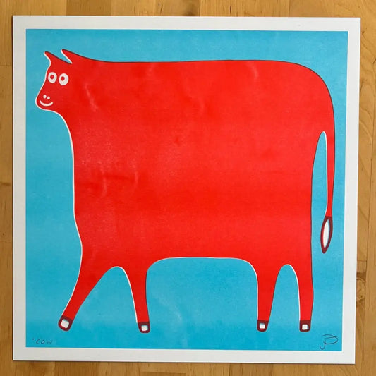 Strangford - Cow Riso Print - red cow illustration blue background