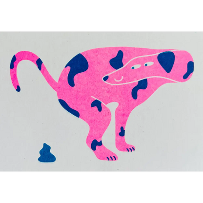 Strangford - Dog Riso Card - cartoonish pink dog blue spots
