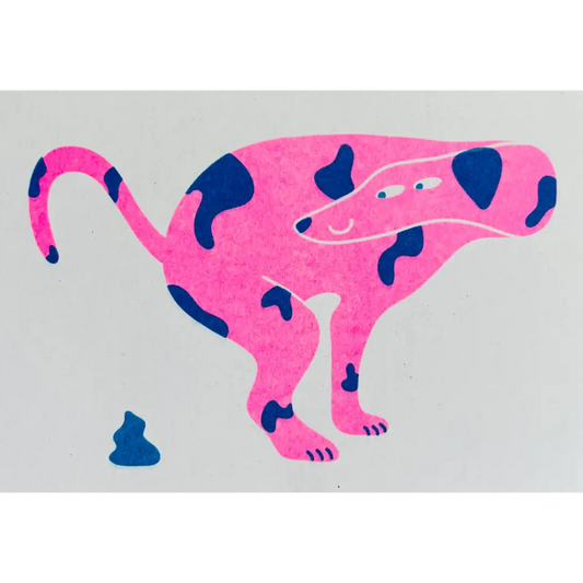 Strangford - Dog Riso Card - cartoonish pink dog blue spots