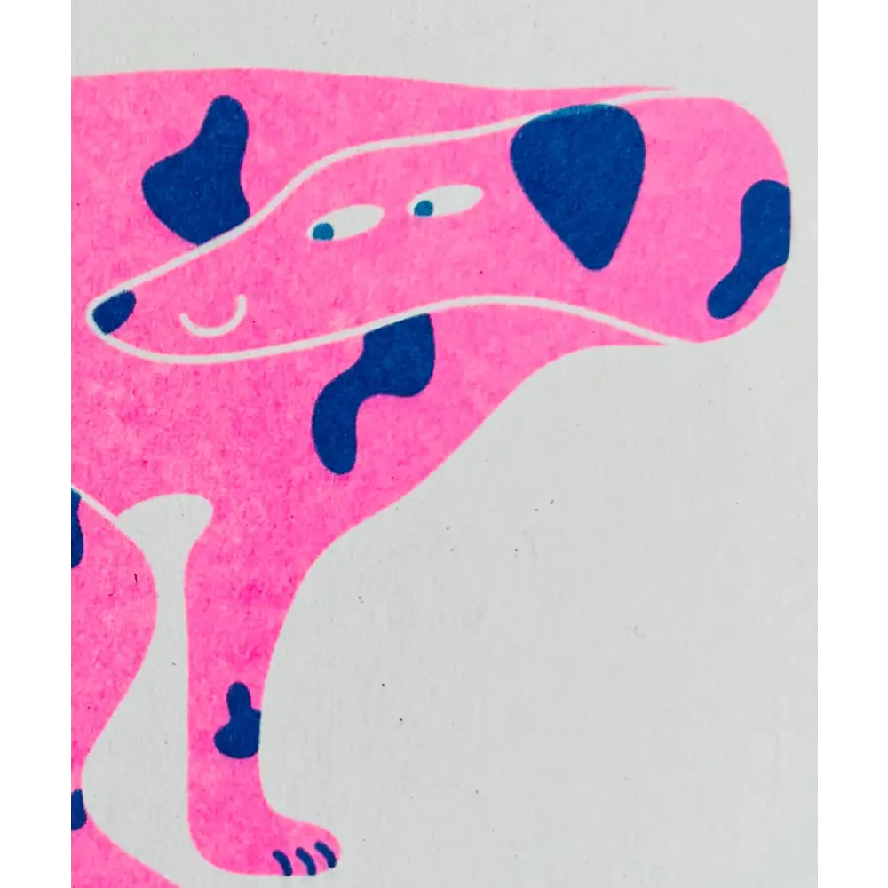 Strangford - Dog Riso Card - cheerful pink dog blue spots