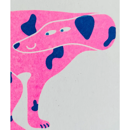Strangford - Dog Riso Card - cheerful pink dog blue spots