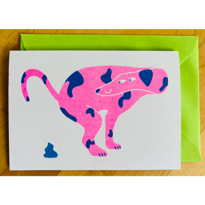 Strangford - Dog Riso Card - card pink blue spotted dog