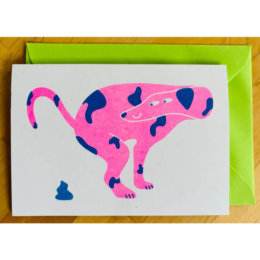 Strangford - Dog Riso Card - card pink blue spotted dog