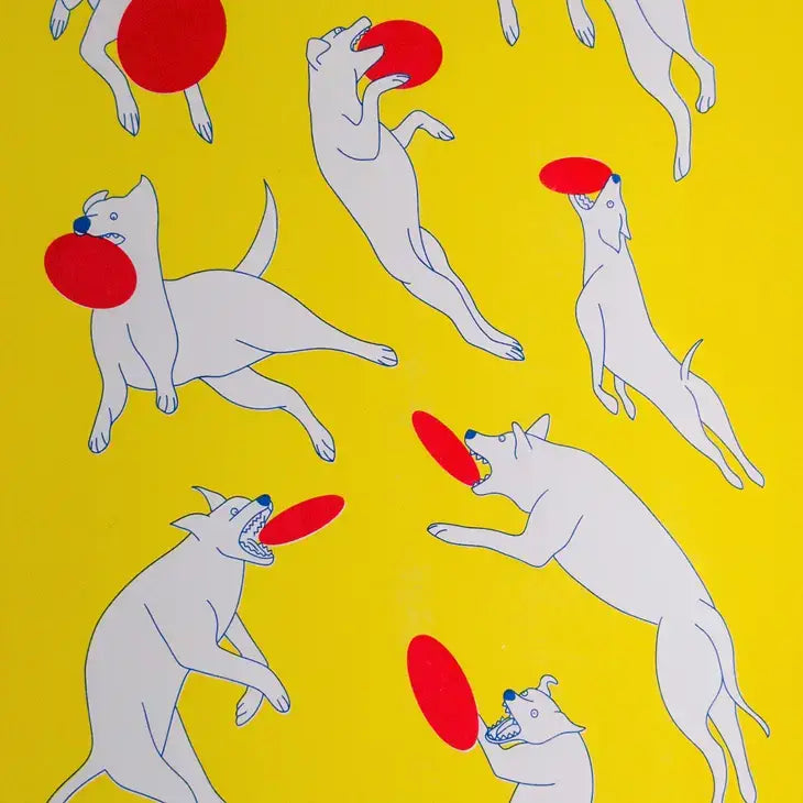 Strangford - Far Fetched Riso Print - pattern white dogs red frisbees