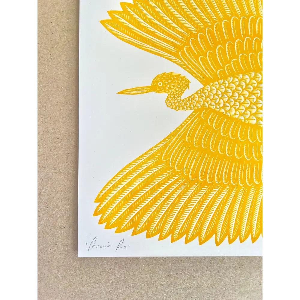 Strangford - Feelin’ Fly - vibrant yellow linocut print bird