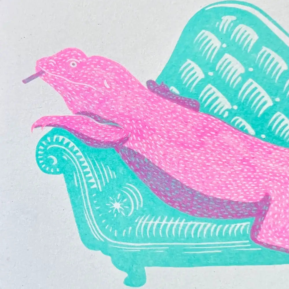 Strangford - Lounge Lizard Riso Art Print - pink lizard teal chaise lounge