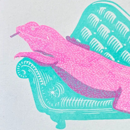 Strangford - Lounge Lizard Riso Art Print - pink lizard teal chaise lounge