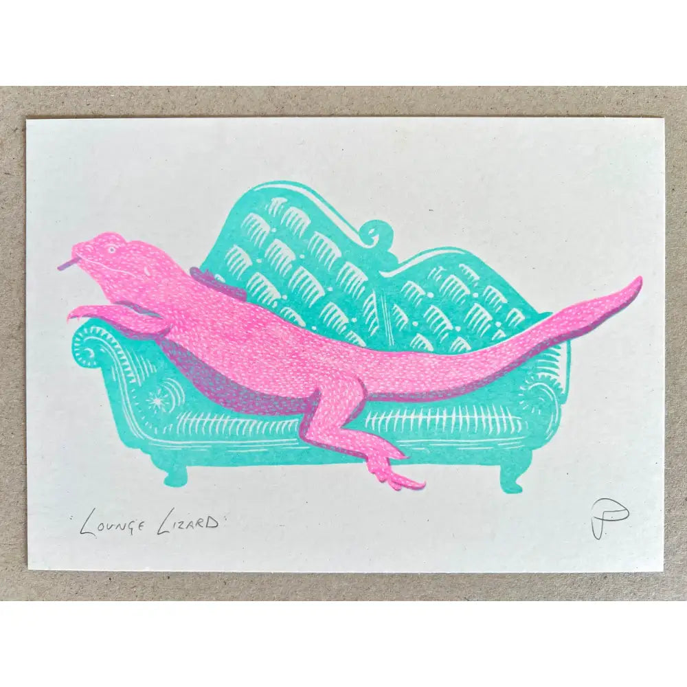 Strangford - Lounge Lizard Riso Art Print - vibrant pink lizard teal chaise