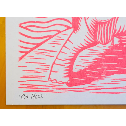 Strangford - Oh Heck - pink linocut print white paper