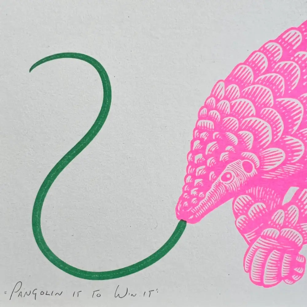 Strangford - Pangolin It To Win Riso Print - vibrant pink pangolin long green