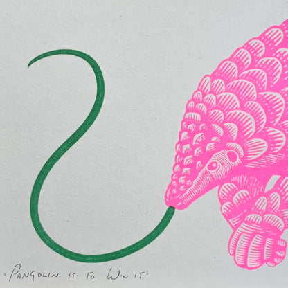 Strangford - Pangolin It To Win Riso Print - vibrant pink pangolin long green