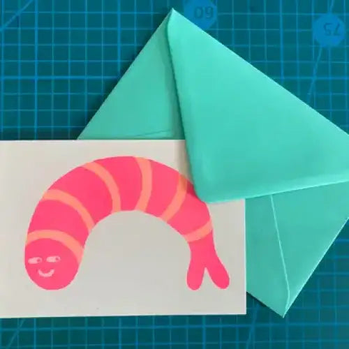 Strangford - Prawn Riso Card - playful pink shrimp-shaped card turquoise