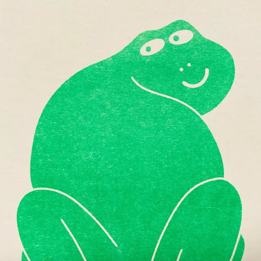 Strangford - Riso Frog Card - vibrant green cartoon frog wide