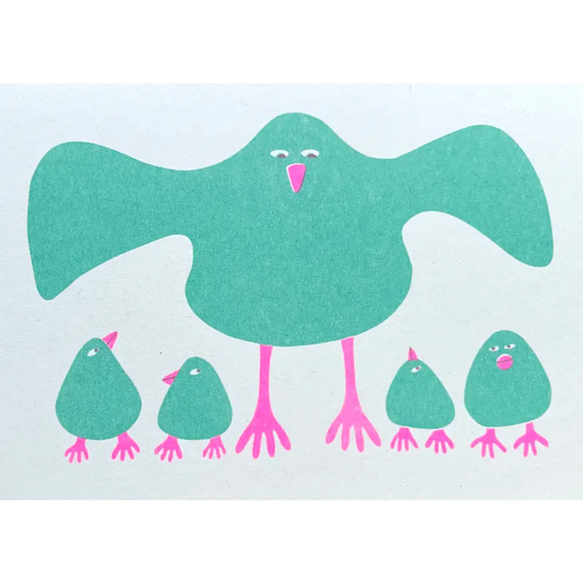 Strangford - Riso Greetings Card - Brood - family teal-colored birds pink beaks