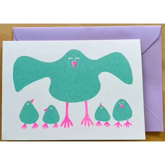 Strangford - Riso Greetings Card - Brood - white card teal bird four