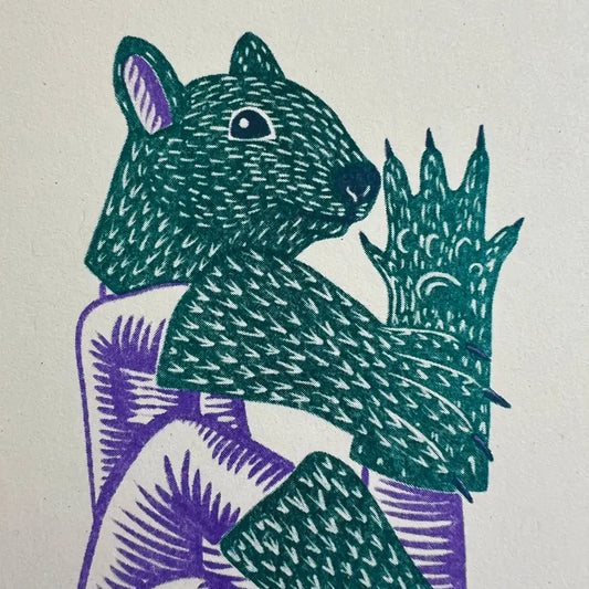 Strangford - Squirrel Fingers - teal purple woodcut print squirrel