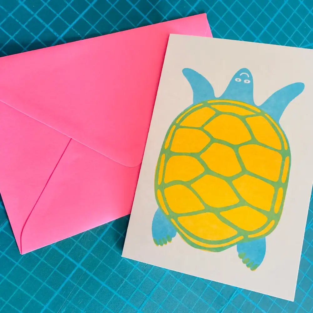 Strangford - Turtle Riso Card - vibrant yellow blue turtle card