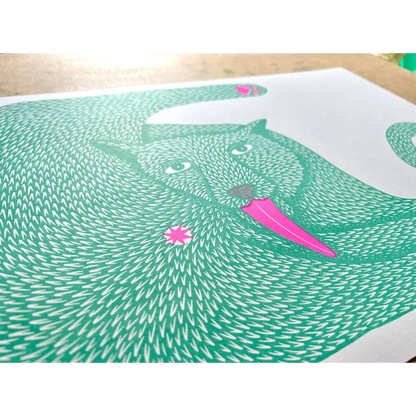Strangford - Wet Ass Penelope Riso Print - green animal illustration long pink