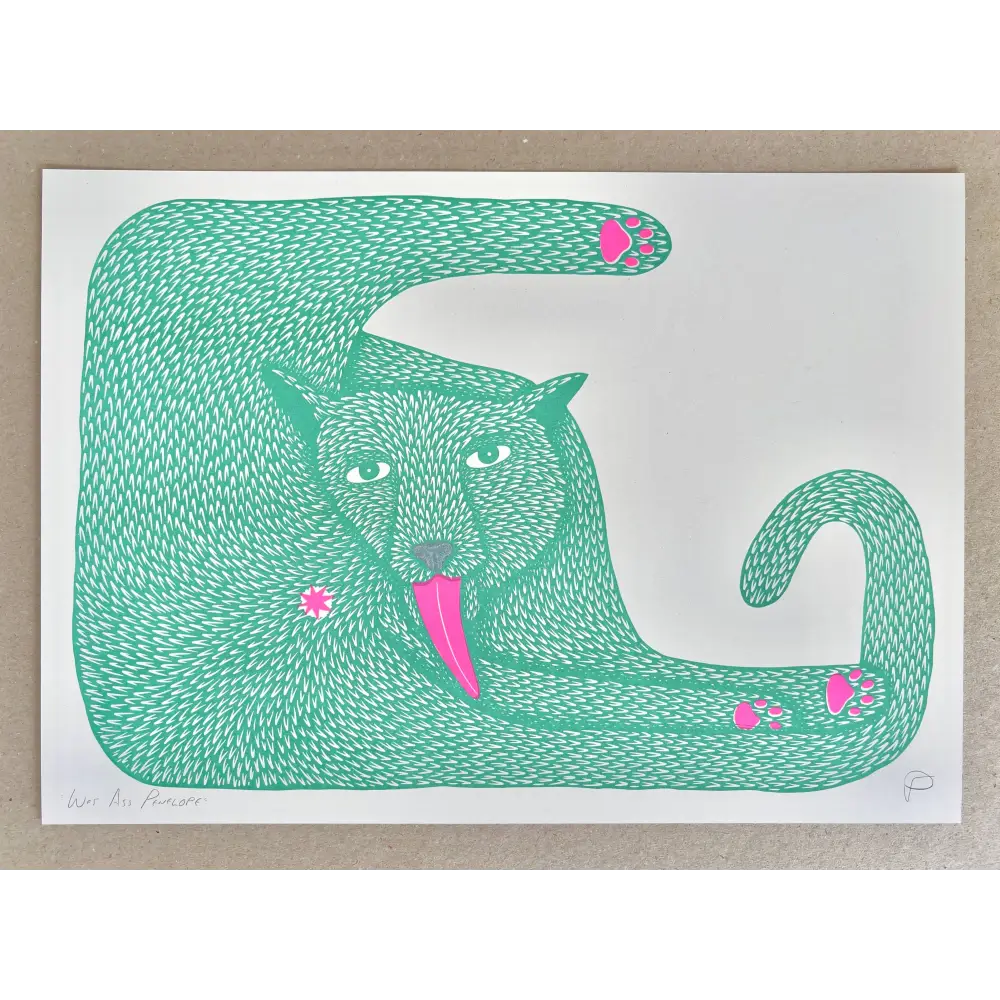 Strangford - Wet Ass Penelope Riso Print - playful green saber-toothed cat illustration
