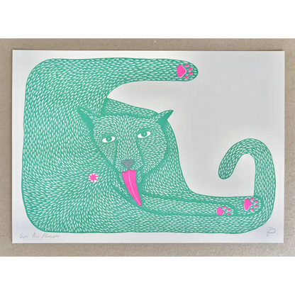 Strangford - Wet Ass Penelope Riso Print - playful green saber-toothed cat illustration