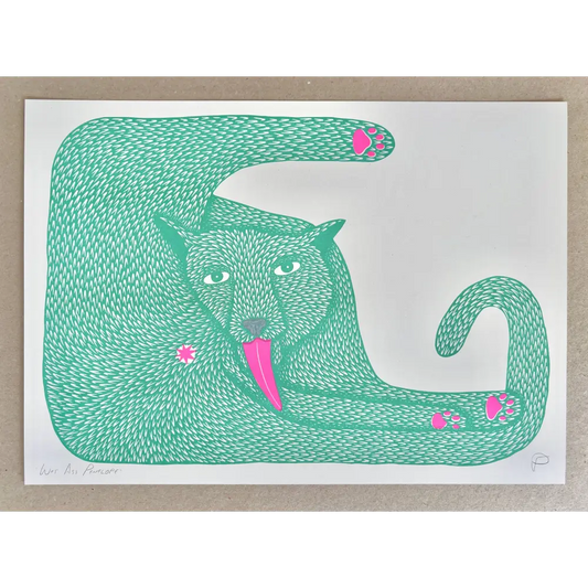 Strangford - Wet Ass Penelope Riso Print - playful green saber-toothed cat illustration