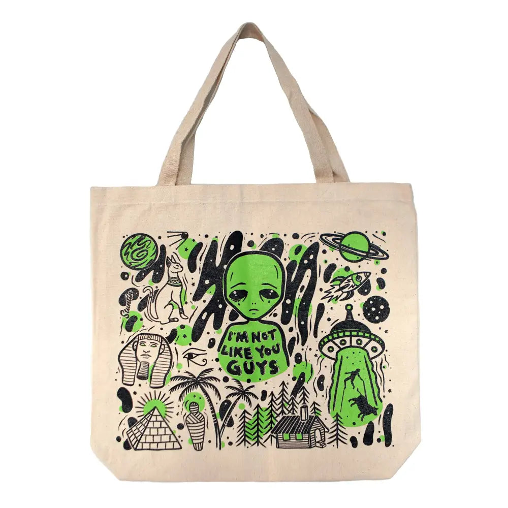 Canvas tote bag with aliens and supernatural designs and text IM NOT LIKE YOU GUYS - PABOOM