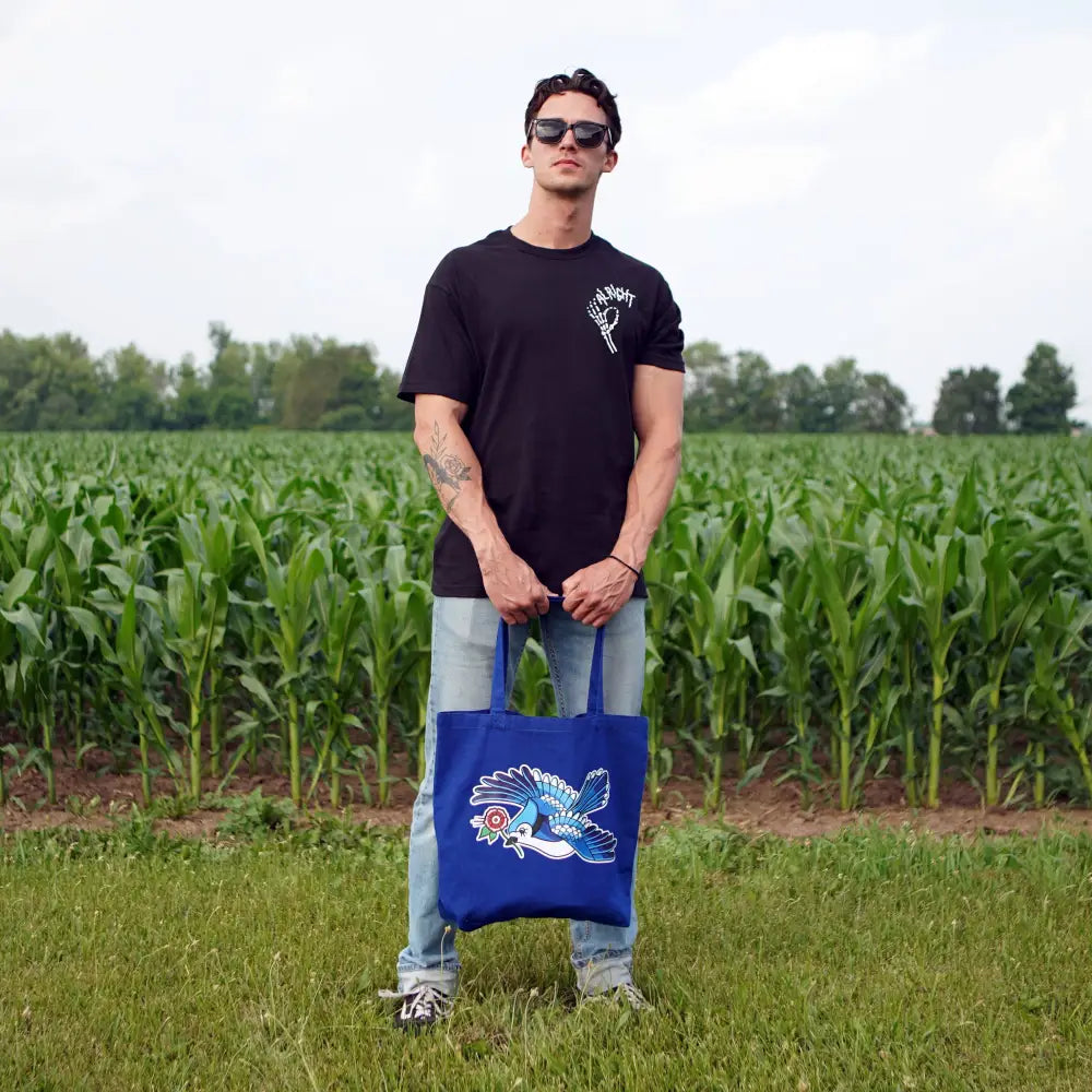 Stuntin Goods - Blue Jay Tote Bag - blue tote bag bird design