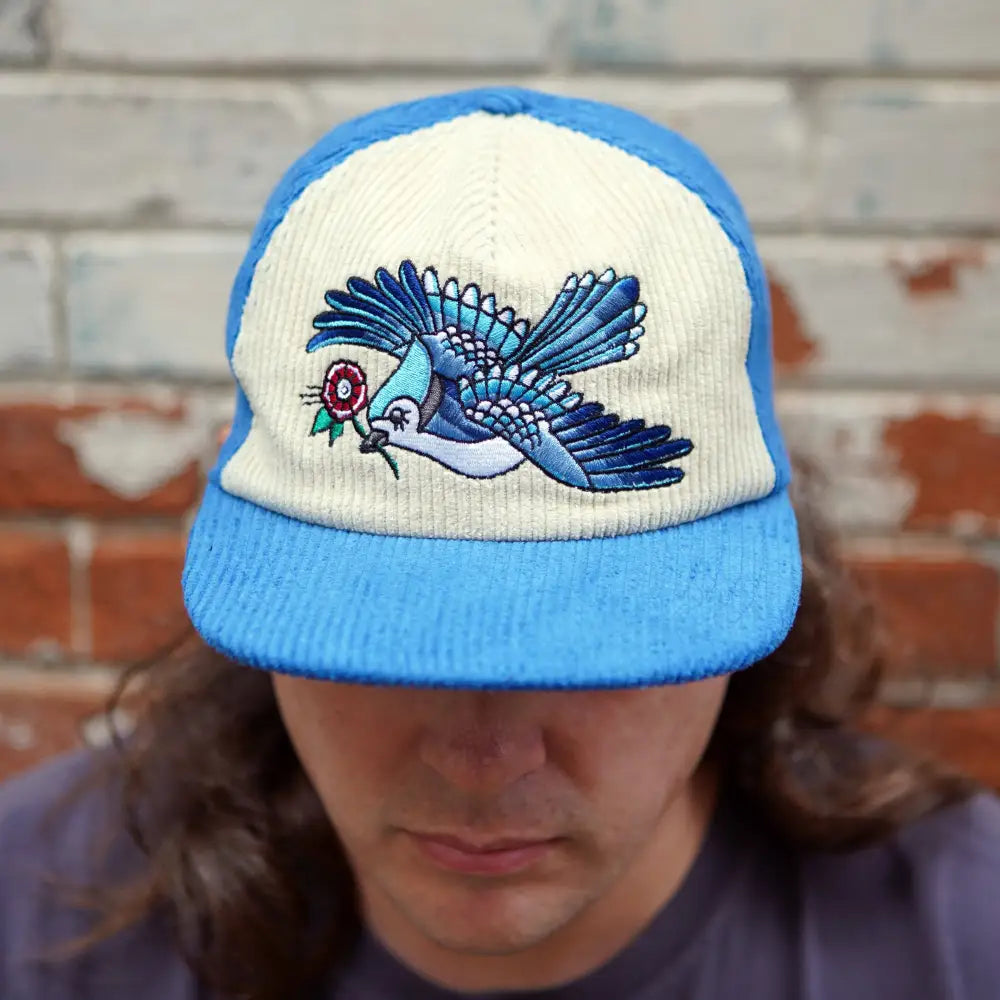 Stuntin Goods - Blue Jay Two-Tone Corduroy Hat - corduroy baseball cap bird embroidery