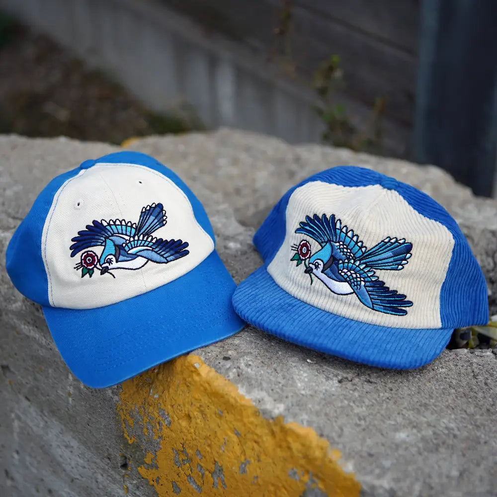 Stuntin Goods - Blue Jay Two-Tone Corduroy Hat - two blue white bird-embroidered baseball