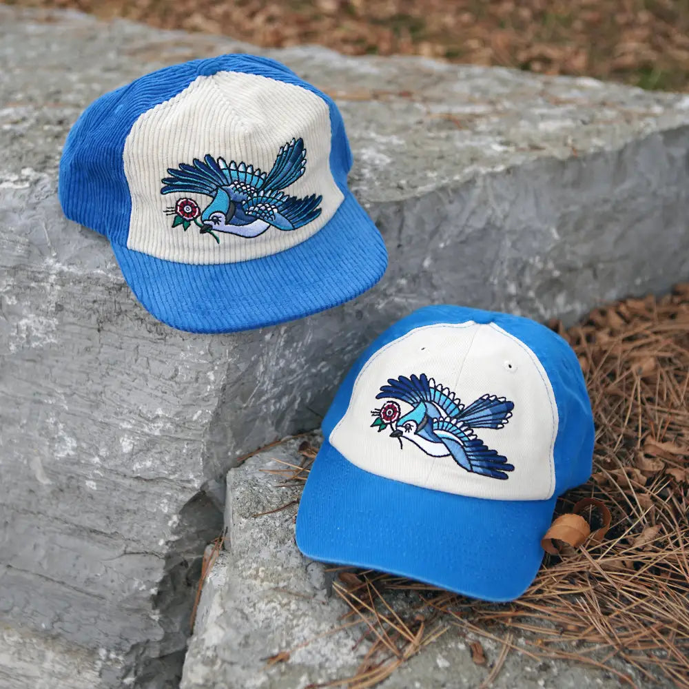 Stuntin Goods - Blue Jay Two-Tone Corduroy Hat - two blue white bird-embroidered hats