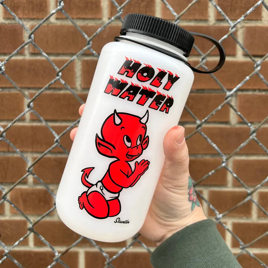hand holding White Nalgene water bottle with praying baby devil and words HOLY WATER in flames - PABOOM