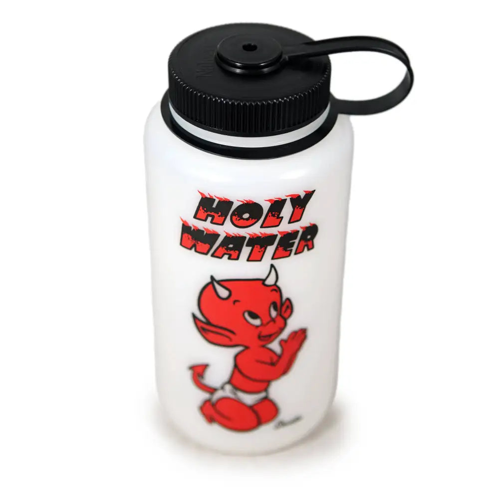 White Nalgene water bottle with praying baby devil and words HOLY WATER in flames top view - PABOOM