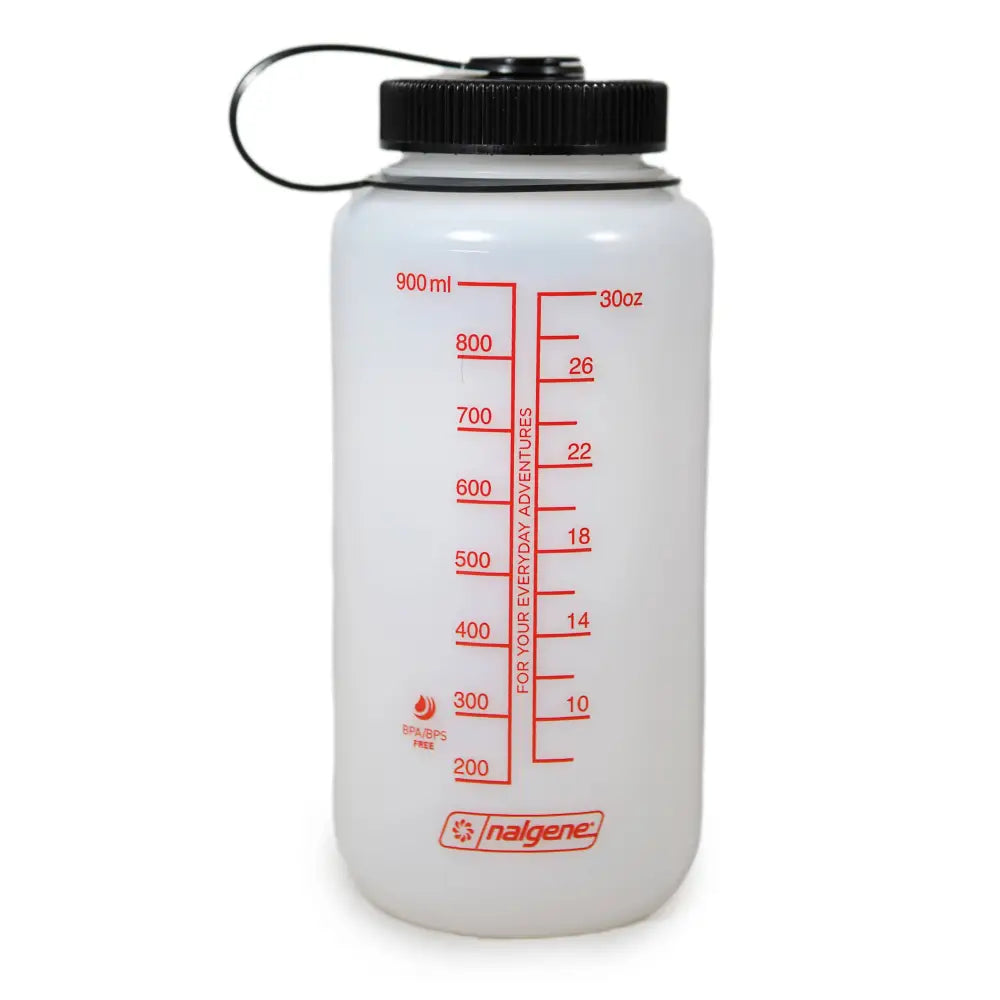 White nalgene bottle bottle back view of red measurements guide - PABOOM
