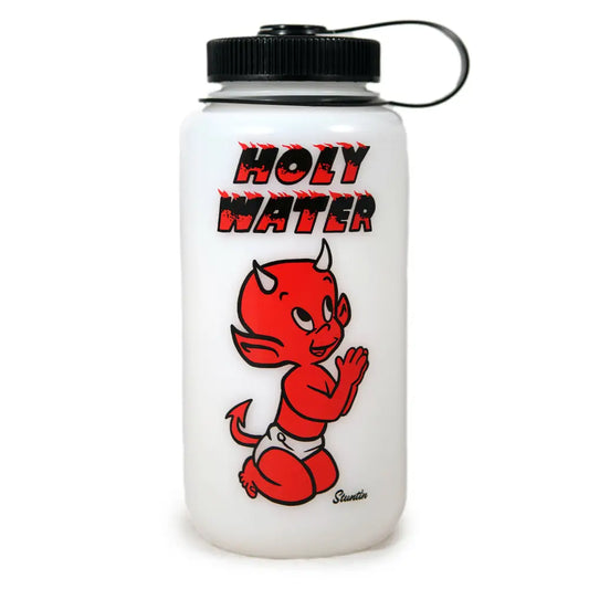 White Nalgene water bottle with praying baby devil and words HOLY WATER in flames - PABOOM