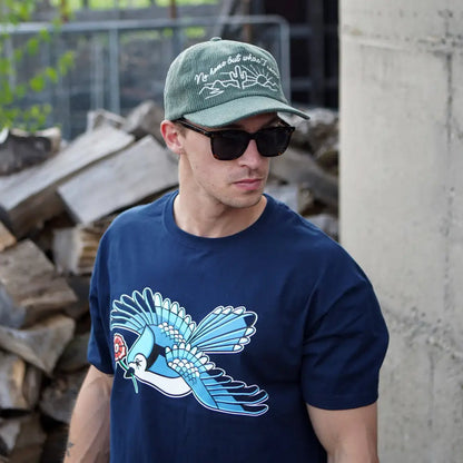 man wearing smoke green Corduroy hat with cream embroidered cactus and sunset with words “No home but where I roam” - PABOOM